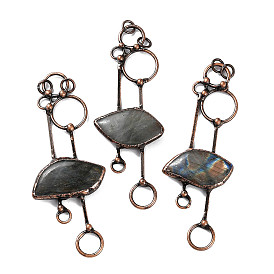 Natural Labradorite Big Pendants, Red Copper Tone Brass Leaf Charms with Jump Rings