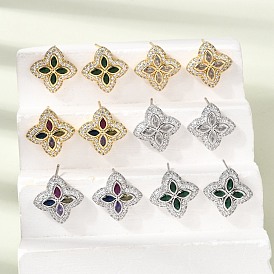 Micro latón allanar aretes de óxido de circonio cúbico, pendientes de racimo pavé, flor, sin plomo y el cadmio, chapado en rack, larga duración plateado, real 18k chapado en oro/platino