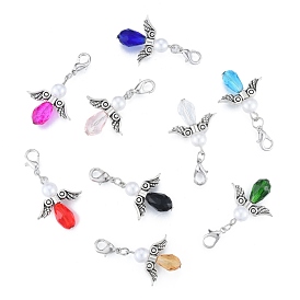 Alloy & Crystal Angel Pendant Decoration, with CCB Imitation Pearl Beads, Lobster Clasp Charms, Clip-on Charms, for Keychain, Purse, Backpack Ornament, Stitch Marker