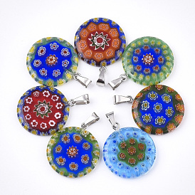 Handmade Millefiori Lampwork Pendants, with 304 Stainless Steel Findings, Flat Round, Stainless Steel Color