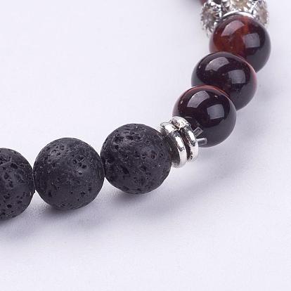 China Factory Natural Lava Rock Beads Stretch Bracelets, with Shell Beads,  Mixed Stone Beads and Rhinestone Alloy Beads, Antique Silver 2-1/8  inch(55mm) in bulk online 