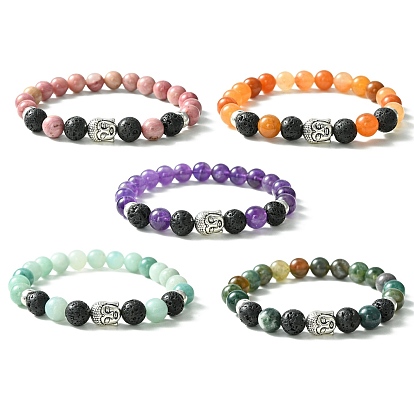Natural Mixed Stone & Lava Rock & Tibetan Style Buddha Head Beaded Stretch Bracelet for Girl Women