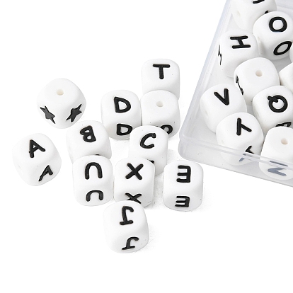30Pcs 28 Style Food Grade Eco-Friendly Silicone Beads, Chewing Beads For Teethers, DIY Nursing Necklaces Making, White Cube with Black Letter & Heart & Star