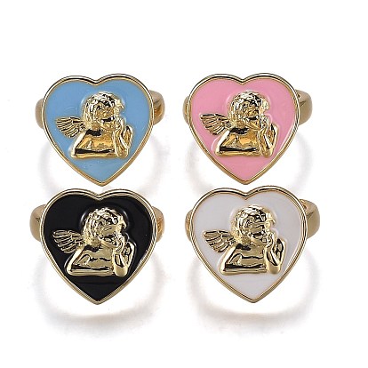 Anillos de brazalete de latón esmaltado, anillos abiertos, sin plomo y cadmio, corazón con ángel, dorado