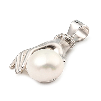 Rhodium Plated 925 Sterling Silver Pendants, with Natural Pearl Beads, Hand Charms, with S925 Stamp