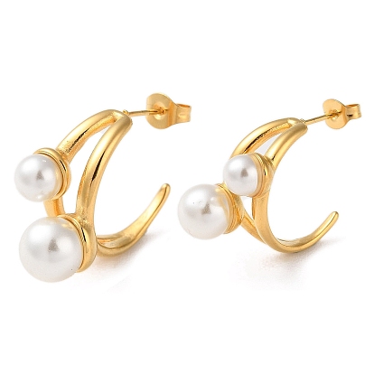 Ion Plating(IP) 304 Stainless Steel Stud Earrings, Half Hoop Earrings with Plastic Pearl