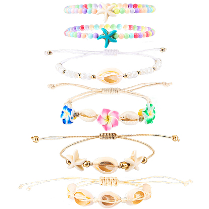 6 шт 6 стиль регулируемые браслеты из плетеных бусин из нейлоновой нити, с натуральными бусинками из каури, граненые стеклянные бусы и латунные бусы, с экологически чистым шнуром из корейского вощеного полиэстера