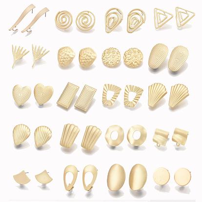 Smooth Surface Iron Stud Earring Findings, with Loop, Raw(Unplated) Pins, Cadmium Free & Lead Free, Mixed Shapes