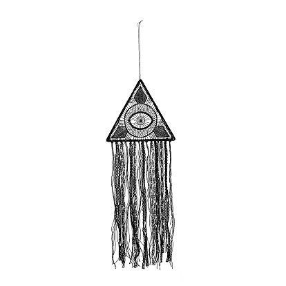 Handmade Evil Eye Woven Net/Web with Feather Pendant Decoration, Triangle Polyester Tassel Wall Hanging Decoration, for Home Bedroom Car Ornaments Birthday Gift