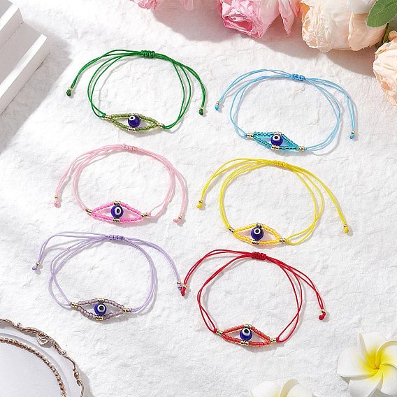 6шт 6 цвета регулируемые нейлоновые шнуры плетеные бусины браслеты, браслеты из бусин от сглаза для женщин, со стеклянными бисеринами