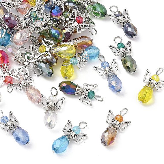 48шт 12 подвески из цветного гальванического стекла, граненые подвески ангела, с платиновыми тоновыми железными петлями