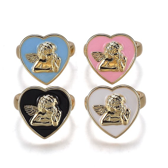Manschettenringe aus Messingemail, offene Ringe, cadmiumfrei und bleifrei, Herz mit Engel, golden