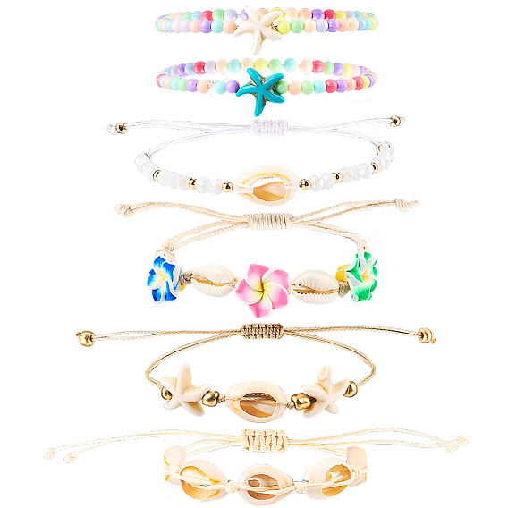 6 шт 6 стиль регулируемые браслеты из плетеных бусин из нейлоновой нити, с натуральными бусинками из каури, граненые стеклянные бусы и латунные бусы, с экологически чистым шнуром из корейского вощеного полиэстера