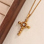 304 Stainless Steel Pave Cubic Zirconia Religion Cross Pendant Necklaces, Golden