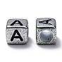 Plated Acrylic Beads, Horizontal Hole, Cube with Letter, Antique Silver, Cube with Letter