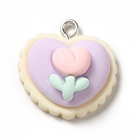 Opaque Resin Pendants, with Platinum Tone Iron Loops, Heart Charm with Flower Pattern