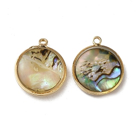 Natural Paua Shell Resin Pendants, with Brass Findings, Flat Round Charms