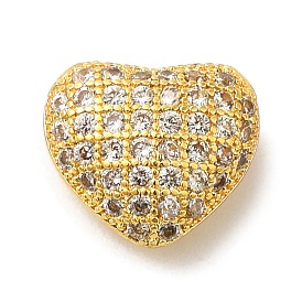 Brass Micro Pave Cubic Zirconia Beads, Long-Lasting Plated, Cadmium Free & Lead Free, Heart