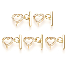 5 Застежки-тоггл из латуни с микропаве из прозрачного кубического циркония, с прыжковых колец, без никеля , сердце