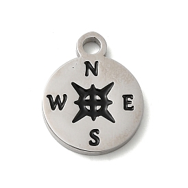 304 Stainless Steel Enamel Pendants, Stainless Steel Color, Flat Round with Compass Charm