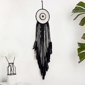 Iron Woven Web/Net with Feather Pendant Decorations, with Wood Beads, Covered with Polycotton Cord, Flat Round