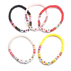 Handmade Polymer Clay Heishi Beads Stretch Bracelets, with Glass Beads, Non-magnetic Synthetic Hematite Beads and Acrylic Beads, Heart