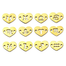 12Pcs 12 Styles Ion Plating(IP) 304 Stainless Steel Hollow Connector Charms, Heart with 12 Constellation Links