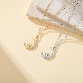304 Stainless Steel Crystal Rhinestone Moon with Star Pendant Necklaces for Unisex