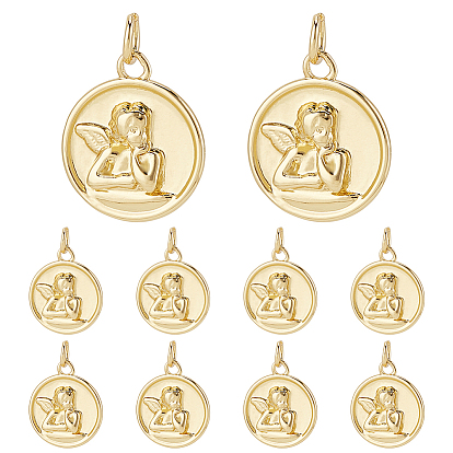 10 латунные подвески шт., с прыжковых колец, плоские круглые с ангелом