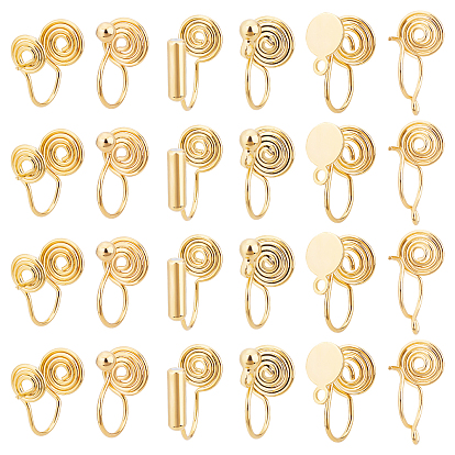 24Pcs 6 Style Brass Clip-on Earring Findings, Wire Wrap Spiral Pad, for Non-pierced Ears