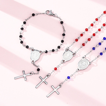 Браслеты из стеклянных бусин, 304 браслеты из нержавеющей стали с крестом и овалом и амулетами в виде святых, с 201 фурнитурой из нержавеющей стали