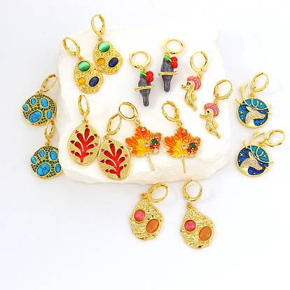 Enchanted Forest Earrings with Deer, Bird, Enamel and Gemstones