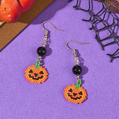 Halloween Glass Seed Beads Woven Dangle Earrings for Women, Pumpkin, 304 Stainless Steel Dangle Earrings, Golden