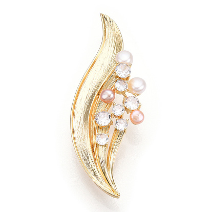 Natural Pearl & Glass Leaf Brooches for Women, Brass Pins