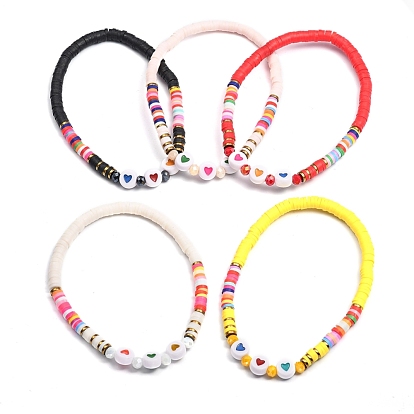 Handmade Polymer Clay Heishi Beads Stretch Bracelets, with Glass Beads, Non-magnetic Synthetic Hematite Beads and Acrylic Beads, Heart