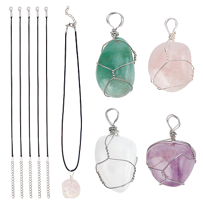 4Pcs 4 Style Natural Gemstone Wire Wrapped Pendant Necklaces, Irregular Stone Jewelry for Women