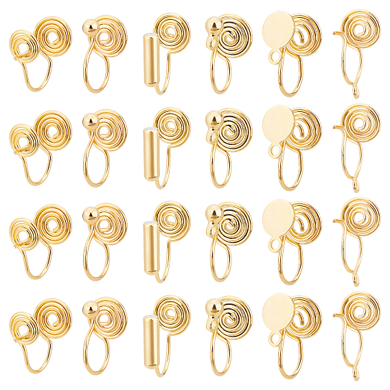 24Pcs 6 Style Brass Clip-on Earring Findings, Wire Wrap Spiral Pad, for Non-pierced Ears