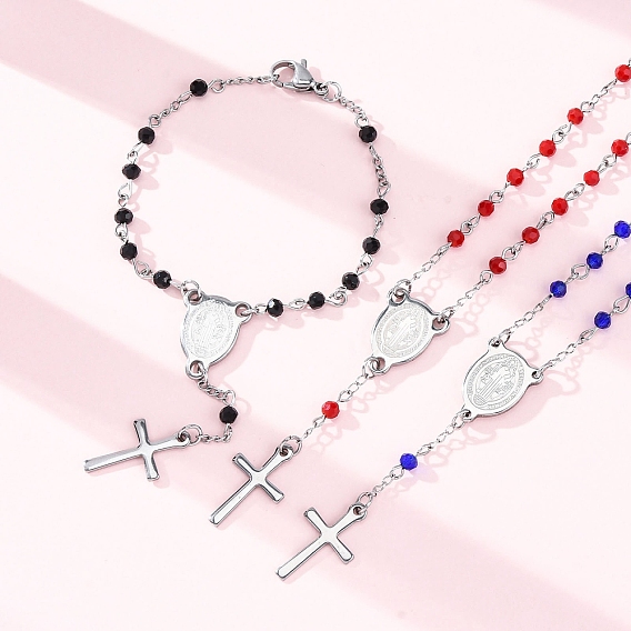 Браслеты из стеклянных бусин, 304 браслеты из нержавеющей стали с крестом и овалом и амулетами в виде святых, с 201 фурнитурой из нержавеющей стали