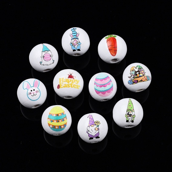 Easter Theme Printed Wooden Beads, Round with Rabbit/Carrot/Easter Egg/Gnome/Word Happy Easter Pattern