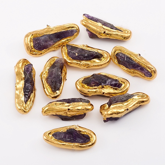 Природный аметист бисера, с позолоченным латунным краем, овальные