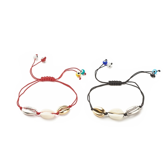 Acrylic & Alloy Shell Braided Bead Bracelet with Lampwork Evil Eye, Adjustable Bracelet for Women