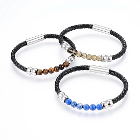 Bracelets cordon cuir tressé, avec pierres précieuses et fermoirs magnétiques en acier inoxydable 304