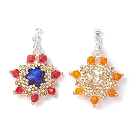 Pendentifs tissés en verre de fleur et perles de rocaille, avec les accessoires en laiton de tonalité argent