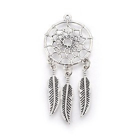 Tibetan Style Alloy Big Pendants, Woven Net/Web with Feather