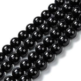 Brins de perles d'onyx noir naturel, teints et chauffée, glaçage, ronde