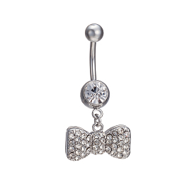 Piercing Jewelry Real 18K Gold Plated Brass Rhinestone Bowknot Navel Ring Belly Rings, 36x17mm