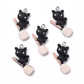 Halloween Opaque Resin Pendants, with Platinum Tone Iron Loops, Cat