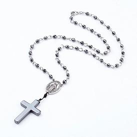 Non-magnetic Synthetic Hematite Pendant Necklaces, Rosary Bead Necklaces for Easter, Cross and Oval with Virgin