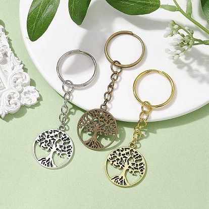 3Pcs 3 Colors Tibetan Style Alloy Keychains, with Iron Split Key Rings, Flat Round with Tree of Life