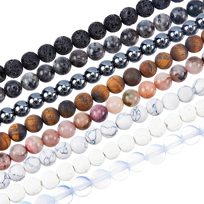 8 Strands 8 Style Natural & Synthetic Gemstone Beads Strands, Round